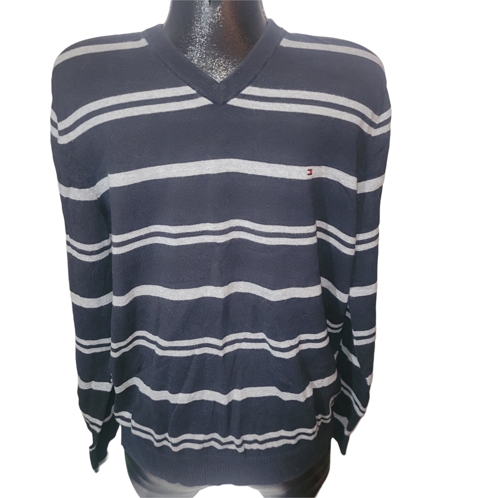 Tommy Hilfiger Men's Navy And Gray Striped V-Neck Pullover Sweater Size L